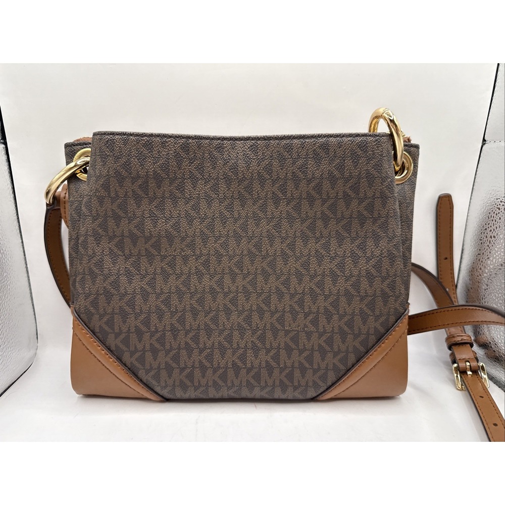 Michael Kors Small MK Logo Brown Crossbody Zip Bag Gold HW Inner Pockets